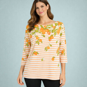 Talbots Size XL Orange Fruit Stripe Print Boat Neck 3/4 Sleeve Cotton Knit Top